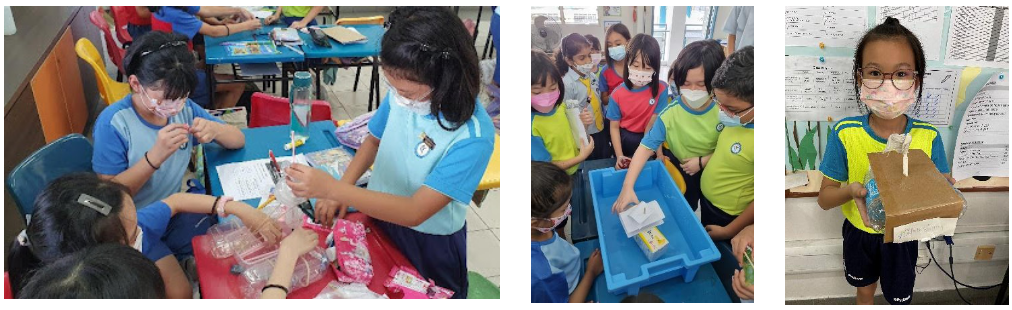 Three photos of masked children in uniforms doing a hands-on classroom activity, with one girl holding a cardboard box project.